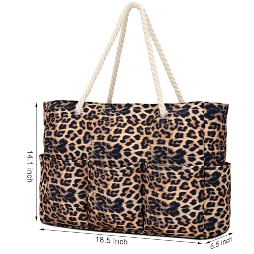 Becokan Beach Bags for Women Canvas Large Beach Tote Bag Zipper Waterproof Sandproof Foldable Swim Pool Bag with 7 Pockets - color: Leopard