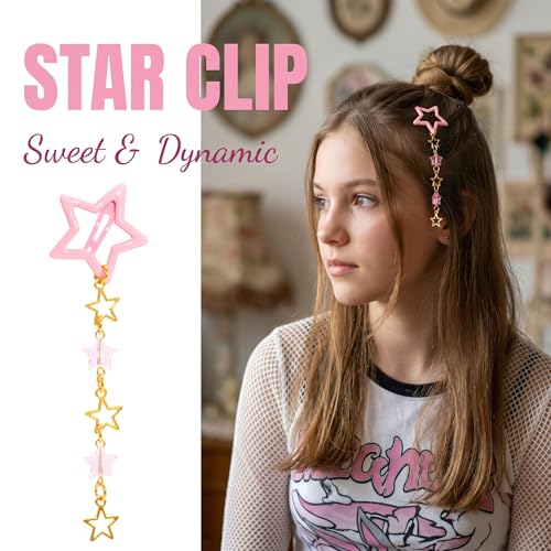 Pndeyo 2pcs Star Tassels Hair Clips for Women, Non-Slip 2000s Y2K Hair Snap Barrettes, Cute Star Beaded Pendant Hair Pin Accessories for Braid Long Short Thin Thick Hair- Pink - color: Pink-B Style