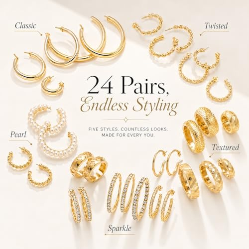 24 Pairs Gold Hoop Earrings Set for Women Hypoallergenic Chunky Chain Twisted Open Hoops Dangle Earring Packs for Birthday Party Fashion Jewelry Gift - color: 24Pcs-Gold-B