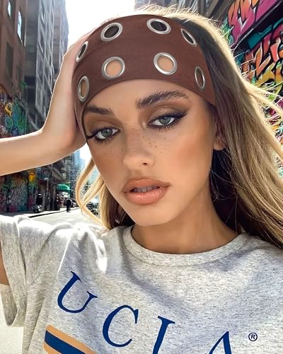 AWAYTR Women Hollow Out Eyelet Elastic Headband Y2K Wide Grommet Hairband Punk Grunge Wide Band for Girls (Deep Coffee/2 Leopard print, One size) - color: Deep Coffee/2 Leopard print