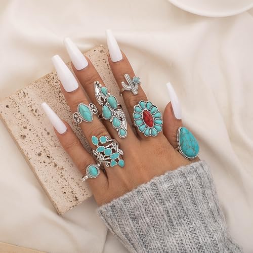 Bohemian Turquoise Ring for Women Stackable Vintage Chunky Boho Turquoise Ring Set Dainty Open Gemstone Knuckle Midi Finger Rings Western Statement Rings Jewelry - style: red seven