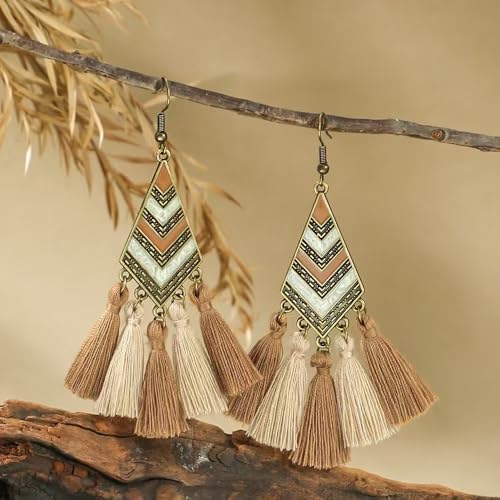 Silver/Gold Boho Dangle Statement Earrings for Women Trendy,Handmade Vintage Dainty Cute Long Drop Summer Earrings,fashion Accessories Jewelry Gifts - color: A16 brown tassels geometric shaped enamel