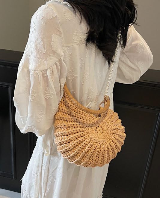 Handmade Crochet Tote Bag Seashell Purse for Women Boho Shell Handbag Crossbody Shoulder Bag Summer Beach Clutch Hobo Handbag - color: Khaki