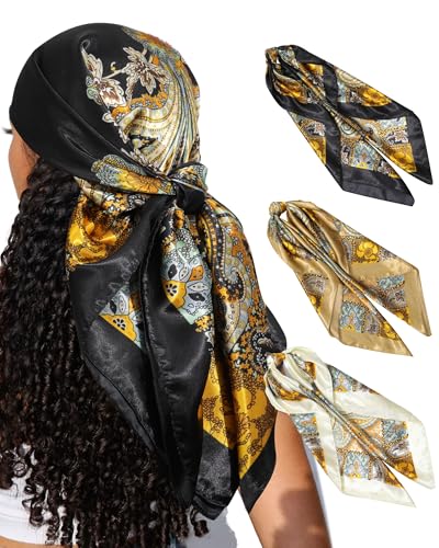 CHLINS 35" Satin Square Hair Scarf Bandanas - 3Pcs Large Silk Head Scarves Lightweight Sleeping Hair Wraps for Women - color: Camel + Black + Beige