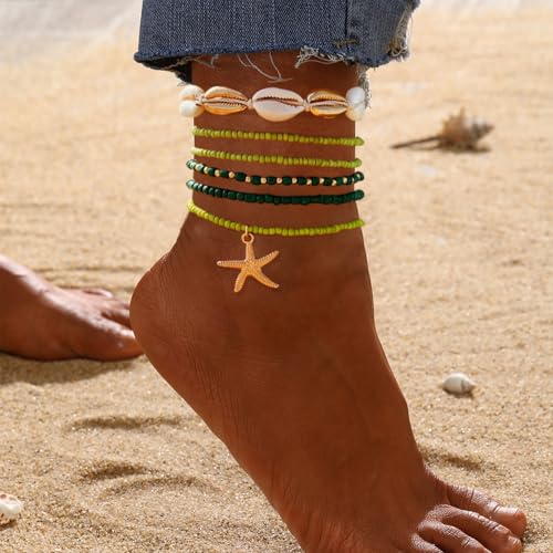 Shell Anklets Bracelet for Women Waterproof Surfer Starfish Bracelet Puka Shell Anklet Colorful Boho Stack Stretch Bead Bracelet Set Hawaii Summer Beach Vacation Foot Jewelry - color: Green