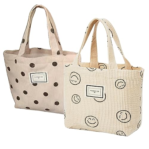 Kovewon 2 Pcs Corduroy Small Tote Bag for Women Cute Mini Tote Bag Preppy Aesthetic Reusable Bags for Grocery, Essentials, Water Bottle, Keys, Book, Bible - color: Beige