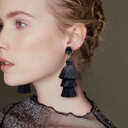 Me&Hz Colorful Layered Tassel Earrings Bohemian Statement Tiered Tassel Big Dangle Drop Earrings for Women Druzy Studs Valentine’s Day Gift - color: Black