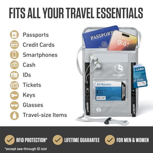 VENTURE 4TH Neck Wallet – RFID Blocking Passport Holder for Travel, Hidden Passport Wallet, Concealed Travel Wallet for Women, Men & Family (Silver) - color: Silver