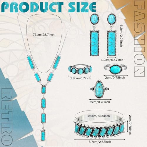 Ecally Bohemian Western Jewelry Turquoise Set Women Country Pendant Long Choker Layered Bracelets Earrings Ring for Women - color: Turquoise, style: Simple