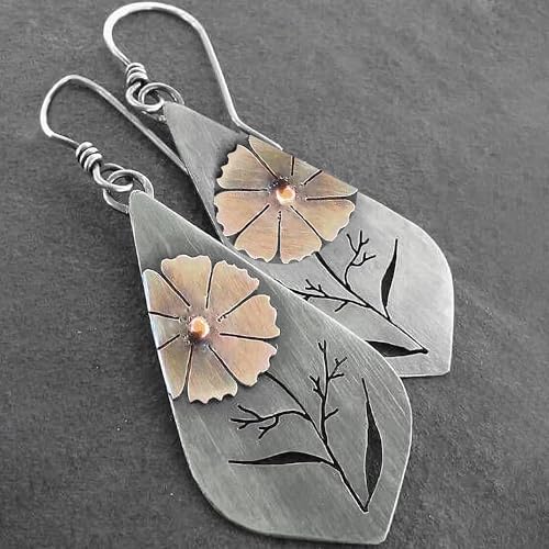 Boho Teardrop Earrings, Handmade Copper Bohemian Earrings, Dangle Antique Ethnic Jewelry for Women - color: Flower