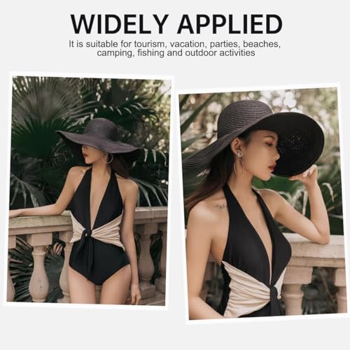 Women Wide Brim Sun Straw Hat Floppy Foldable Roll Up Beach Cap UPF 50 Summer Hat for Holiday Traveling Daily Wearing (Black) - color: Black
