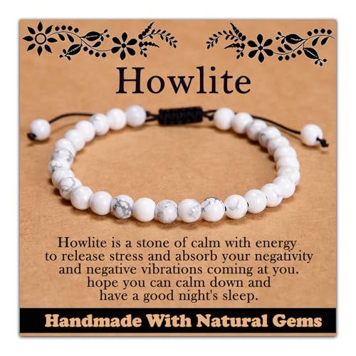 468Handmade Adjustable Natural Gemstone Crystal Bracelet Healing Power Energy Inspirational Gifts with Card for Unisex - color: 02-Howlite(Good Sleep), size: 6mm