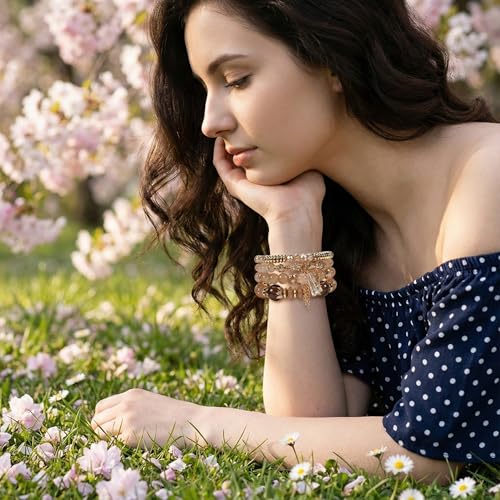 Bohemian Bracelet Sets for Women - 4-Pack Stackable Stretch Bead Bracelets with Black＆White Crystal & Gold Accessories, Multi-Layer Boho Jewelry - color: liaght a'pricot