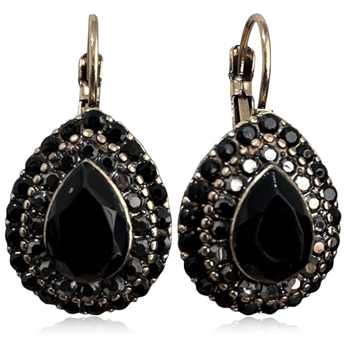 Unique Bohemian Vintage Sparkly Crystal Colorful Round Flower leverback earrings Boho Retro Bronze Circle Beaded Flower Floral Dangle Drop Earrings for Women - color: Black 17