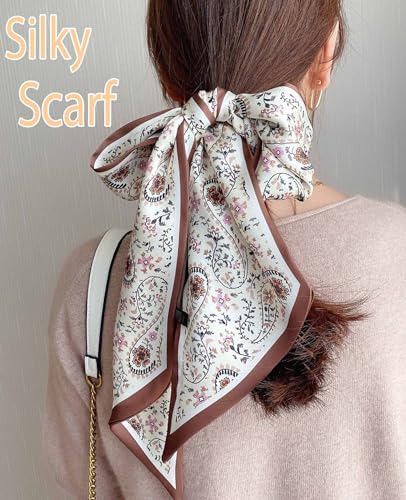kcctoo 59” Long Silk Like Head Scarf Women's Fashion Square Neck Satin Scarfs for Bag Hair Scarves Gift 59 * 5.9” - color: D1 Coffee Flower Drop Shaped 59" X 5.9"