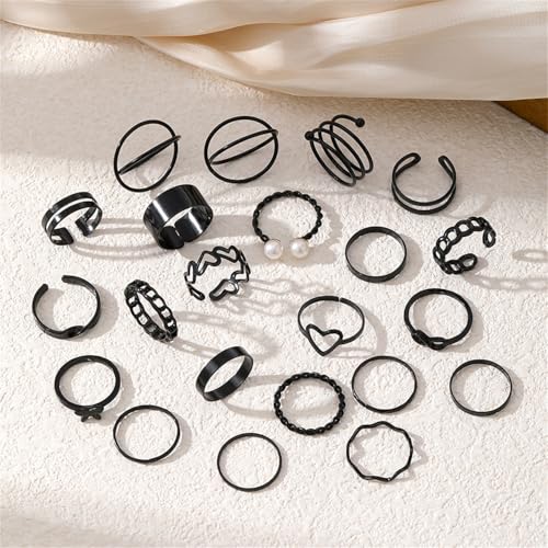 Lnnmomn 22 Pcs Gold/Silver Rings Set for Women, Sparkling Dainty Simple Trendy Ring Pack, Butterfly Diamond Opening Multi Joint Ring Set Love Pearl Ring Jewelry Gifts for Womens, Gifts for Her - color: Black