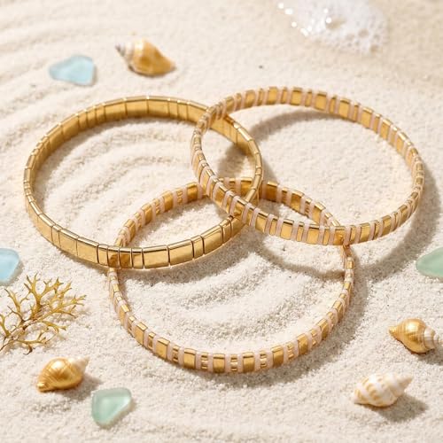 Tila Flat Square Stack Beaded Bracelets Set for Women Men, Boho 3Pcs Romantic Handmade Healing Gold Colorful Stretch Accessories Jewelry, Daily Vacation Party Holiday Friendship Gift - color: Different Gold