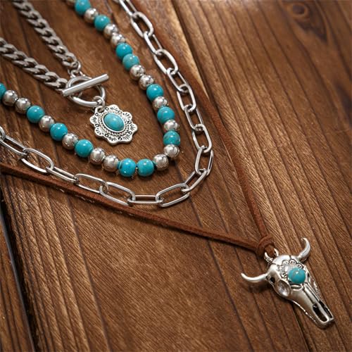 Gold Turquoise Beaded Necklace for Women Layered Bead Necklaces Vintage Turquoises Choker Necklace Boho Turquoises Jewelry Western Handmade Toggle Jewelry - color: Turquoise Necklace
