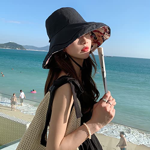 HUAMULAN Women Summer Sun Hat Wide Brim Wired Edge Floral Beach Bucket Hats Reversible Foldable Travel UV Protection Lady Hat - color: M1744-black