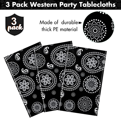 Western Party Tablecloth Paisley Table Cover Bandana Plastic Table Cloth Rectangle Floral Tablecloth for Western Cowboy Themed Party Decorations, 108 X 54 Inches (Black, 3 Pack) - color: Black