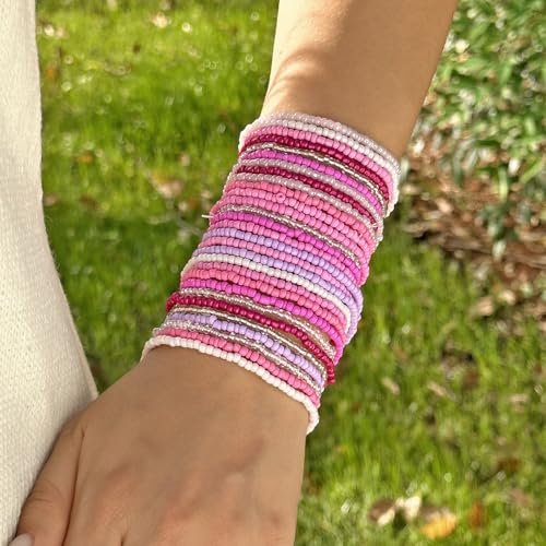 30Pcs Elastic Beaded Bracelets Set Bohemia Multilayer Stackable Seed Beaded Stretch Bracelet Anket Colorful Crystal Glass Beads Wristbands for Women Summer Beach Boho Jewelry Gifts - color: Pink