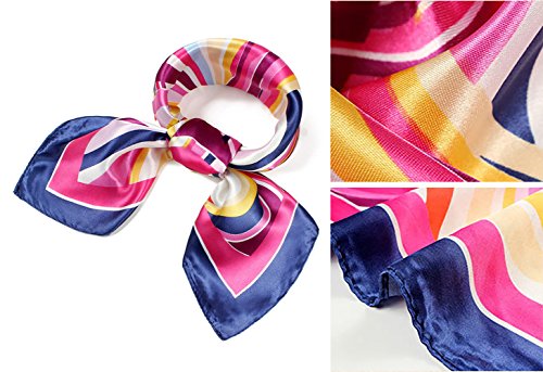 QBSM Womens 23.6 inch Satin Silk Feeling Formal Square Neck Scarf Head Hair Wraps Kerchief - color: Coloured Ribbon-rose&navy