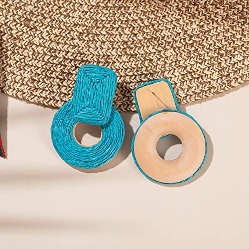 Statement Raffia Earrings Cute Boho Earrings Rattan Dangle Earrings Handmade Straw Wrap Earrings Summer Drop Dangling Earrings for Women Teen Girls - color: Blue