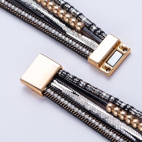 FANCY SHINY Boho Leather Wrap Bracelet Stackable Infinity Chunky Cuff Bracelets Western Hippie Outfits Jewelry Valentine Gifts for Women - color: Shiny Black