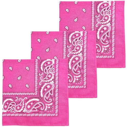 MDSTYLE 100% Cotton Bandana for Men & Women 22" x 22" Paisley Pattern Handkerchief Headband Scarf - color: Hot Pink - 3 Pack