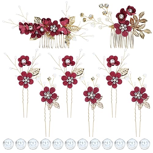 inSowni 20 Pack Classic White Dusty Pink Blue Flower Bridal Wedding Hair Side Combs+U-shaped Flower Hair Pins+Twist Spiral Pearl Hair Pins Pieces Headpieces Accessories for Brides Bridesmaids Women - color: Wine Red