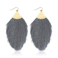 Bohemian Silky Thread Fan Fringe Tassel Statement Earrings - Lightweight Strand Feather Shape Dangles - color: Feather Fringe - Gray