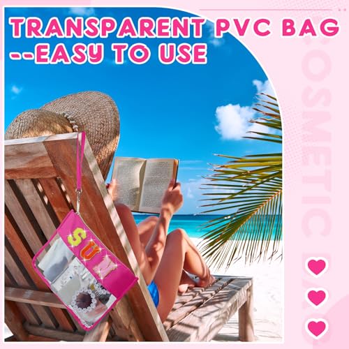 Hillban 2 Pcs Sunscreen Chenille Letter Bags Makeup Cosmetic Bag Waterproof Sun Travel Pouch Beach Pool Things Summer Stuff Preppy Patch Traveling Accessories for Women (Sun Theme) - style: Sun Theme