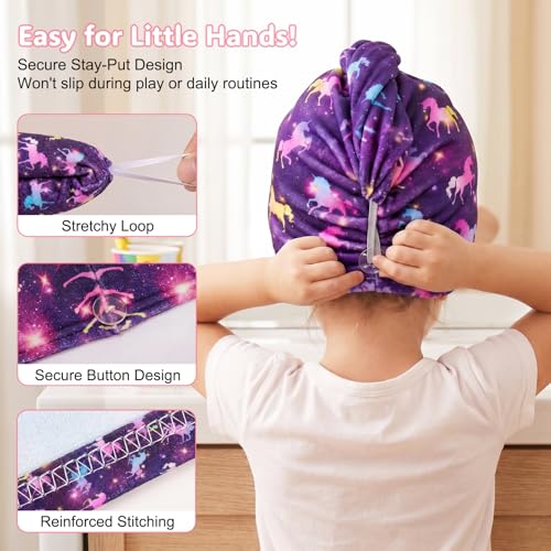 Basumee Microfiber Hair Towel Wrap for Kids 2 Pack Rapid Drying Hair Towel with Button Hair Turbans for Wet Hair Wraps Head Towel Wrap for Women and Girls, Dark Unicorn - color: Dark Unicorn