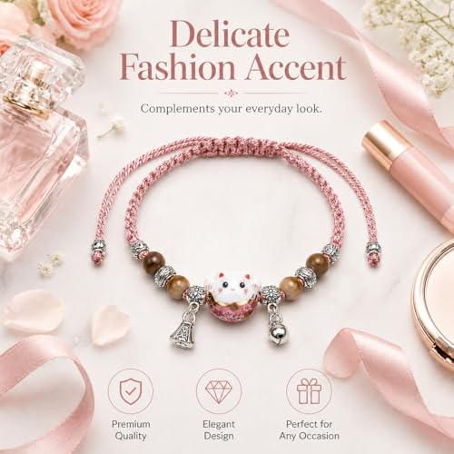 Lucky Cat Bracelet For Women, Feng Shui Good Luck Cat Jewelry with Ceramic Cat Charm, Lightweight Protection Bracelet for Daily Wear or Work,Meaningful Gift for Women Valentine's Day&Birthday