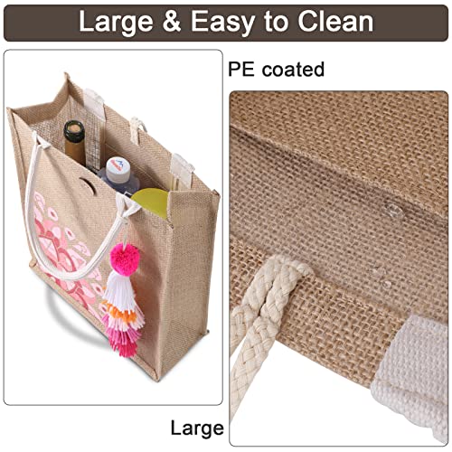 itgowisa Jute Beach Bag for Women, Burlap Beach Tote Bag with Tassel Pocket, Summer Gift for Vacation, Pool, Cruise & Grocery | Jute material - color: Pink Tassel B