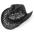 AQOKKA Straw Cowboy Hats for Women Men Western Cowgirl Hats with Shapeable Brim Woven Hollow Out Unisex Beach Roll Up Caps - color: Black
