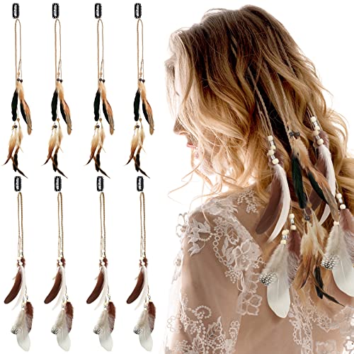 Bencailor 8 Pcs Feather Hair Clips Hippie Handmade Boho Hair Extensions with Feather Clip Comb Braided Beads Headdress Hippie Headpiece DIY Pirate Accessories for Women (Fresh Style)