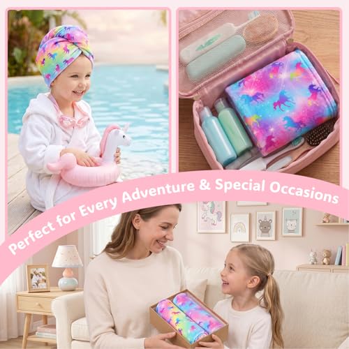 Basumee Microfiber Hair Towel Wrap for Kids 2 Pack Rapid Drying Hair Towel with Button Hair Turbans for Wet Hair Wraps Head Towel Wrap for Women and Girls, Rainbow Unicorn - color: Rainbow Unicorn