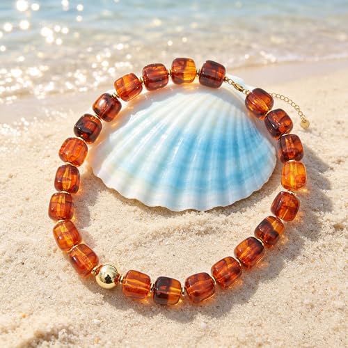 Chunky Beaded Necklace for Women Boho Colorful Statement Choker Necklaces Summer Beach Resin Jewelry Accessories - color: Light Brown