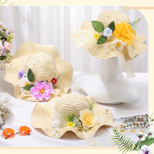 6 Sets DIY Tea Party Straw Hats Kit DIY Straw Hat for Women Blank Sun Hats - style: Boho Ribbon