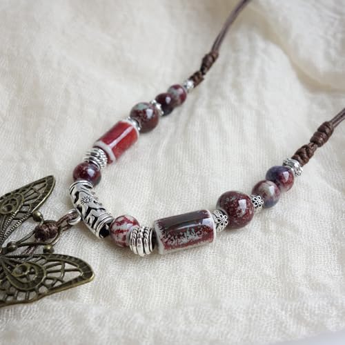 Boho Style Colorful Ceramic Bead Strand Necklace Adjustable Bohemian Jewelry Gift for Women, Fashion Clothing Matching Necklace - color: Maroon