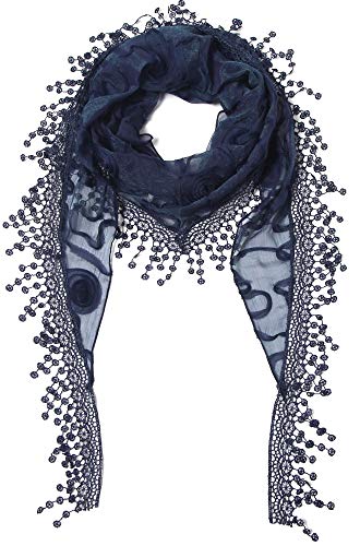 Cindy & Wendy Floral Embroidered Lace Triangle Scarf for Women - color: Navy