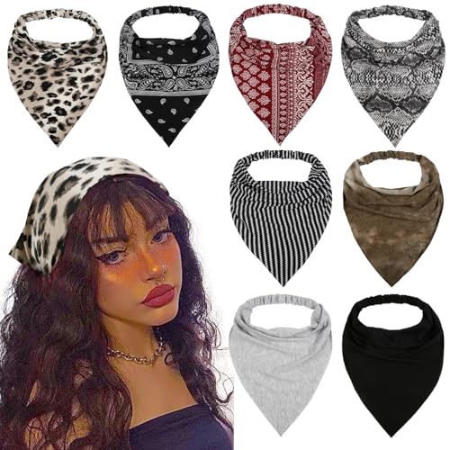 WOVOWOVO 8 Pcs Hair Scarf Headband for Women Girls Non Slip Elastic Boho Triangle Head Scarf Bandana - color: Leopard Print