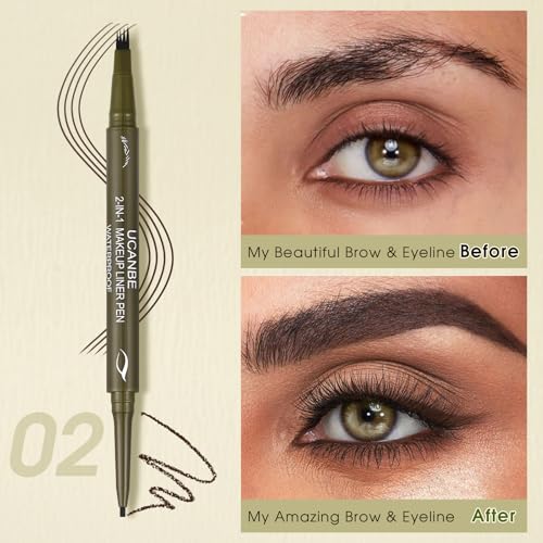 UCANBE Eyebrow Pen, Dual-Ended Eyebrow Pencil with 4-Fork-Tip & Gel Eyeliner for Women, Eye Brow Pen with Gel Eyeliner Pencil, Microblading Eyebrow Pencils with Hair Like Strokes, Classic Brown - color: Classic Brown