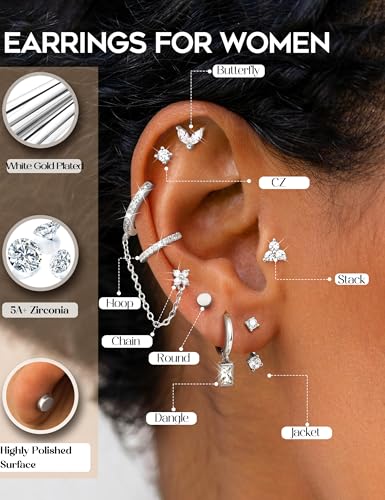 ORAZIO Small Hoop Stud Earrings Stacks for Women 14K Gold Plated Silver Huggie Hoops Cartilage Hypoallergenic Chain Cute Dangle Earrings Set for Multiple Piercings Jewelry - color: Silver Plated Earrings