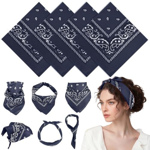 PLULON Bandanas for Men Women 4/12/24/30 Pack, Paisley Pattern Bandana Bulk Headbands Handkerchief Face Mask 100% Polyester - color: Navy Blue