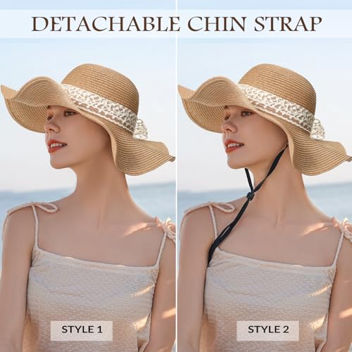 Beach Hats for Women, Sun Straw Hat for Women, UPF 50+ UV Sun Protection Sun Hat Womens, Foldable Floppy Sun Hat - color: W-khaki