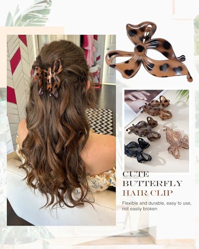 4 PCS Bow Hair Clips Bow Claw Clip for Women, Large Hair Claw Clips for Thin Thick Long Hair Cute Nonslip Bows (Black+Leopard Dark Brown+Leopard Light Brown+Gray) - color: Black+Leopard Dark Brown+Leopard Light Brown+Gray