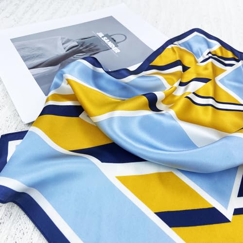 Women's Small 21 inch 100% Silk Scarf Bandana for Head Neck Hair | 100% Mulberry Silk Lightweight Designs Gift-Ready Packaging For Hair Fashion 21"x21" Printed - color: 107yellow Blue White