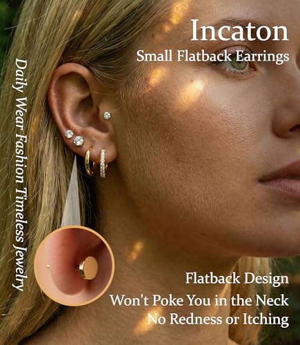 Incaton Hypoallergenic Flat Back Earrings for Women Silver 14K Gold Plated Surgical Stainless Steel Stud Earrings Cubic Zirconia Cartilage Studs Earrings For Multiple Piercing Sensitive Ears - color: J-Gold